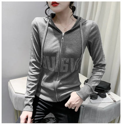 #7937Black Grey Women Hoodies Sweatshirt Tops Pullovers Diamonds Letters Slim Streetwear Short Hoodies Woman Zipper Korean Style.