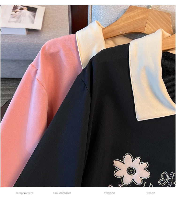 175kg plus size Damen büste Frühling Herbst lose Kragen bedruckt Langarm Sweatshirt schwarz rosa 4xl 5xl 6xl 7xl 8xl 9xl.