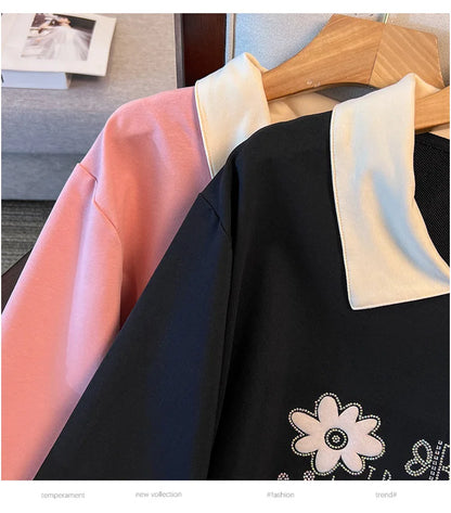 175kg plus size Damen büste Frühling Herbst lose Kragen bedruckt Langarm Sweatshirt schwarz rosa 4xl 5xl 6xl 7xl 8xl 9xl.