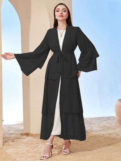 Ramadan kebaya Layered Open Front Abaya, Long Sleeve Dress With Belted , Without Hijab, Women's Clothing.