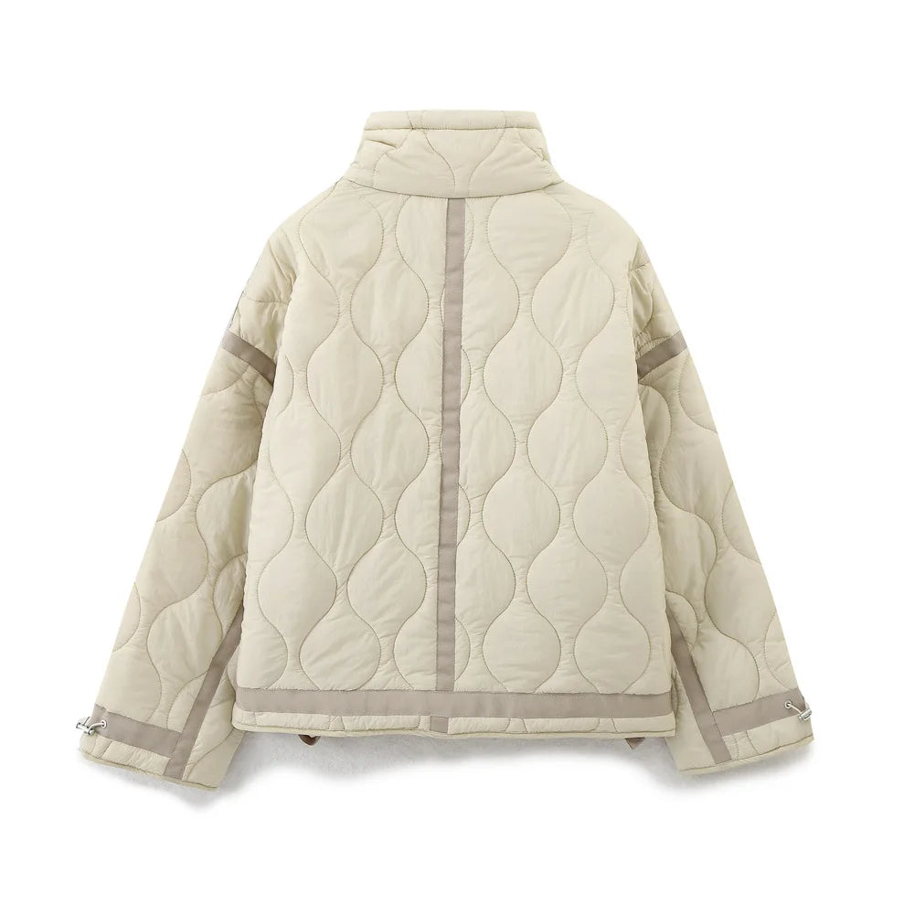 ZBZA Women's Quilted Loose Jacket Mantel Drawstring hoher Kragen Reißverschluss lange Ärmel Versteckter Knopf Doppeltaschen Clip Baumwolle Outerwear Herbst Winter Neue Weibliche Chic Mantel.