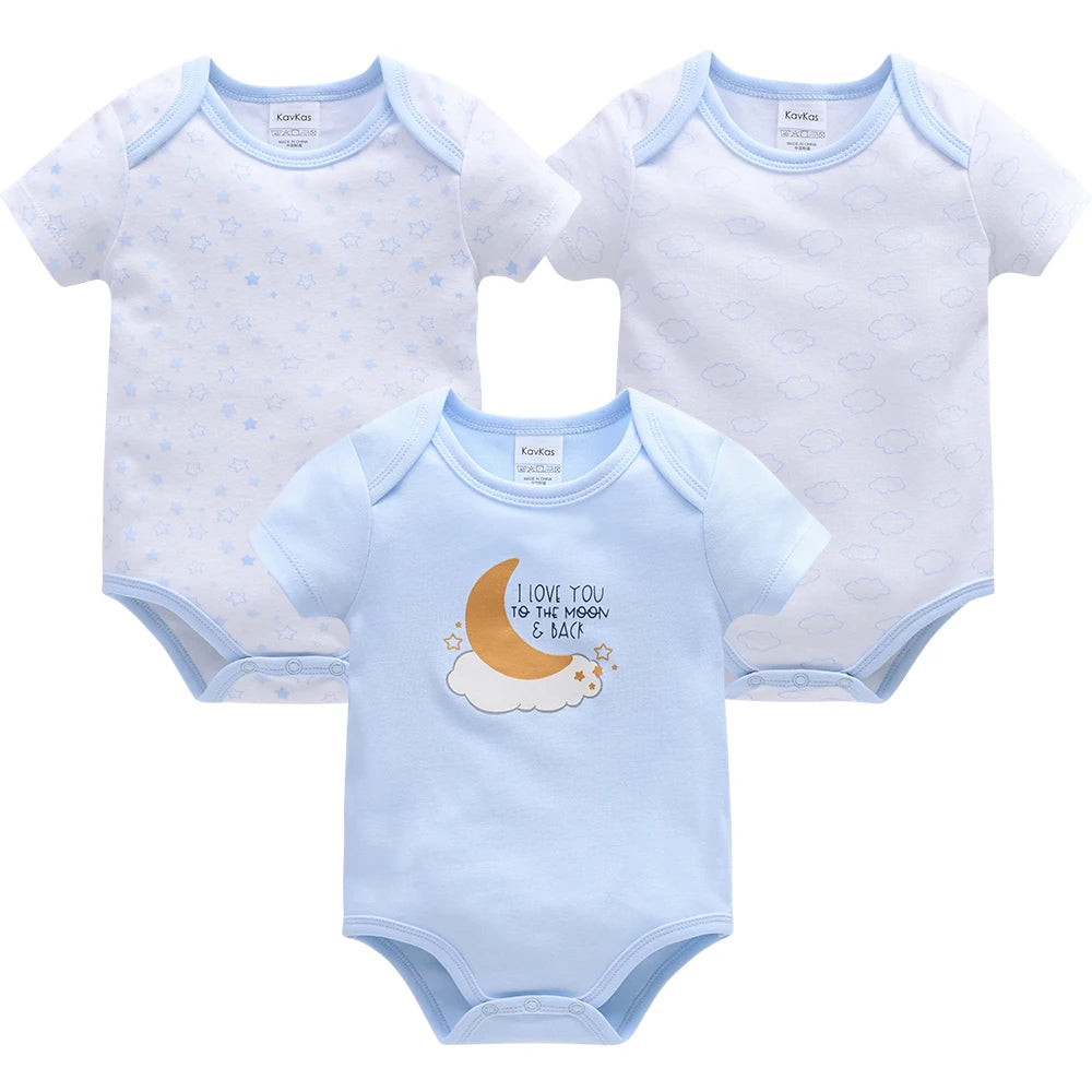 Kavkas 3-teiliges Baby-Body für 0–12 Monate, kurzärmelig, Sommer-Baumwollkleidung, cooles Print-Design, Säuglingskostüm.