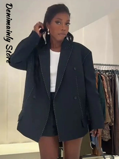 Fashion Line Suit Pants Set Women Lapel Full Sleeve Double Breast Pocket Blazer Straight Trousers 2025 Autumn Winter Lady Outfit.