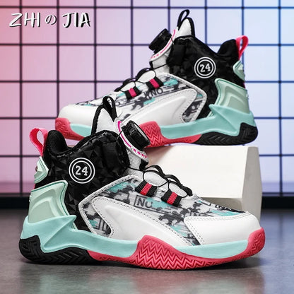 Children's Autumn New Rotary Buckle Mesh Breathable Basketball Shoes Boys Fashion Trend Sneaker Anti Slip Running Footwear 31-40.