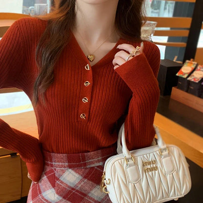 2025 Autumn Winter Women Sweaters Casual Slim Button Knitted Pullover Sweater Femme Basic Solid Jersey Tops Fashion Clothes