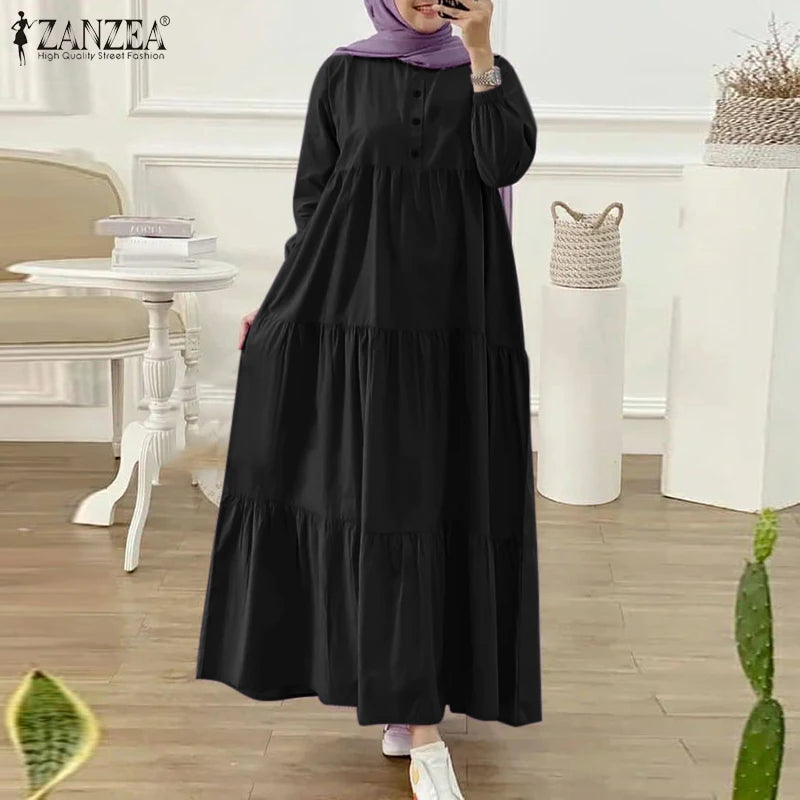 ZANZEA O Neck Casual Loose Maxi Dress Tiered Islamic Hijab Women Long Sleeve Long Vestidos Muslim Fashion Autumn Abaya Robes.