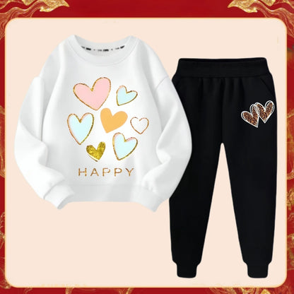 Spring Children Clothes Set Kid Girls Sweet Sweatshirts Pullover Top And Pants 2 Pieces Suit Heart Print Long Sleeve Tracksuits.
