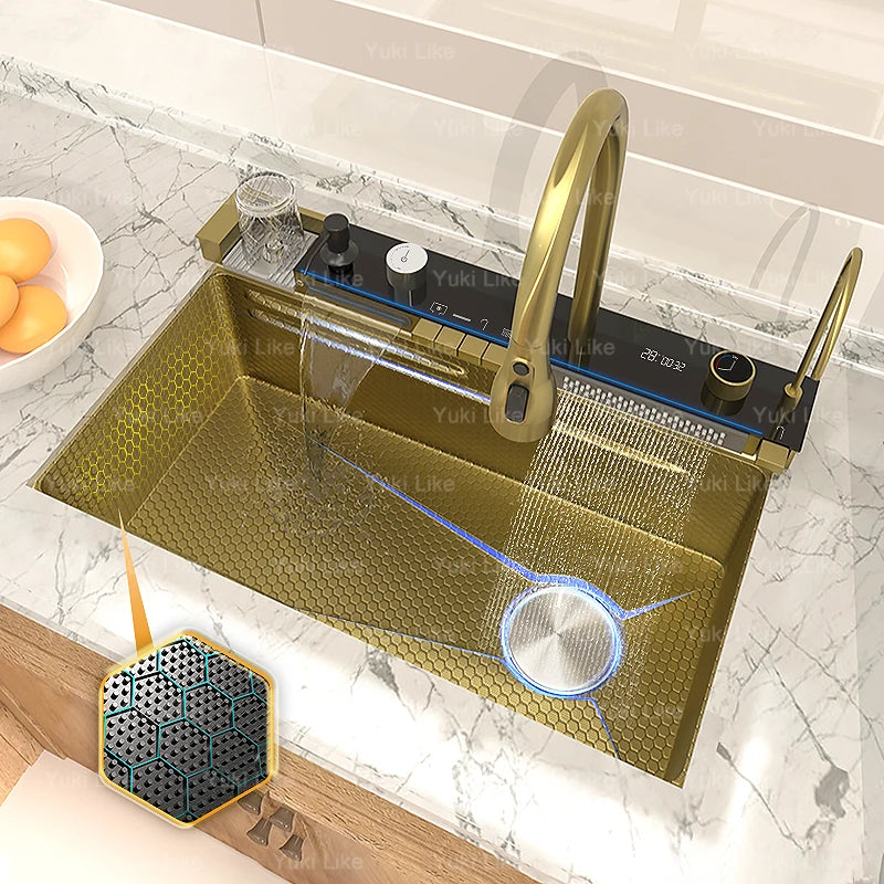 Golden Stainless Steel Waterfall Kitchen Sink Gold Embossed Extra Large Single Slot Digital Display Dishwashing Basin 100x50cm