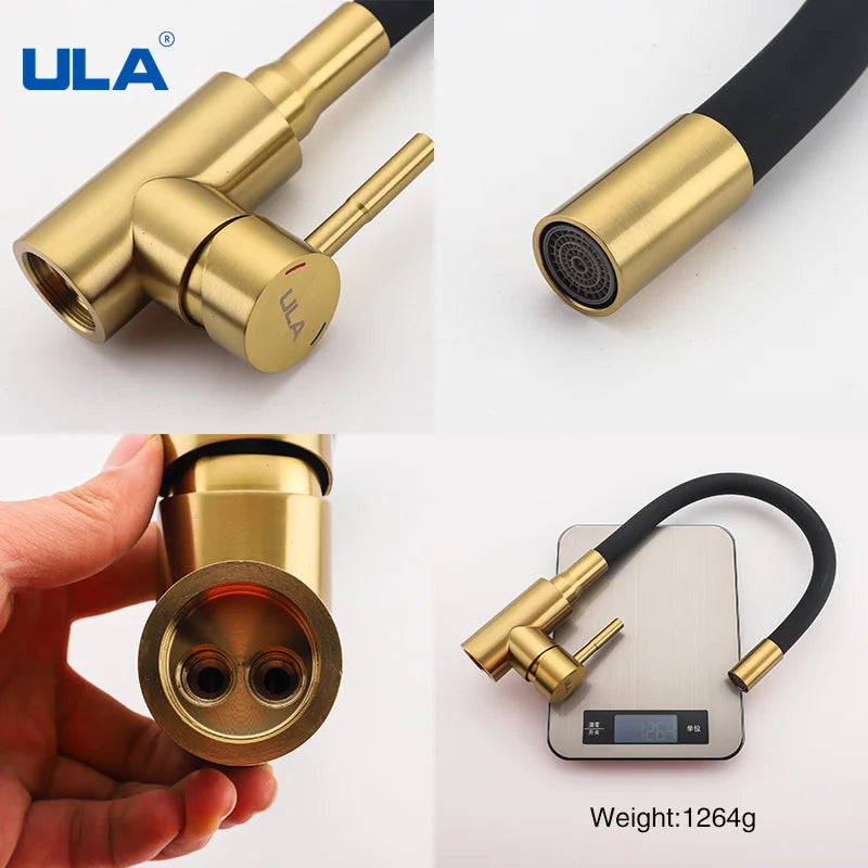 ULA Gold Kitchen Faucet Stainless Steel Flexible Spout Kitchen Sink Faucet Hot Cold Water Sink Mixer Tap 360 Degree Rotate Crane