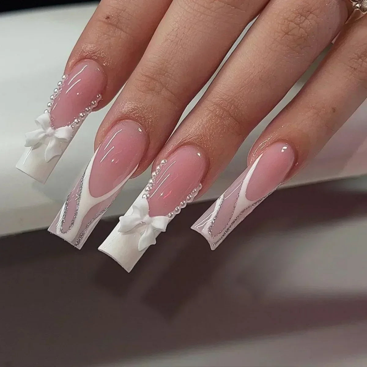 24Pcs 3D Long Ballet False Nails White Coffin Wave with French Design Wearable Fake Nails Gold Line Full Cover Press on Nails.