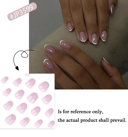 White French Classic Short Rround Nail Art Wearable Fashion Fake Nails Detachable Finished False Nails Press on Nails with Glue.