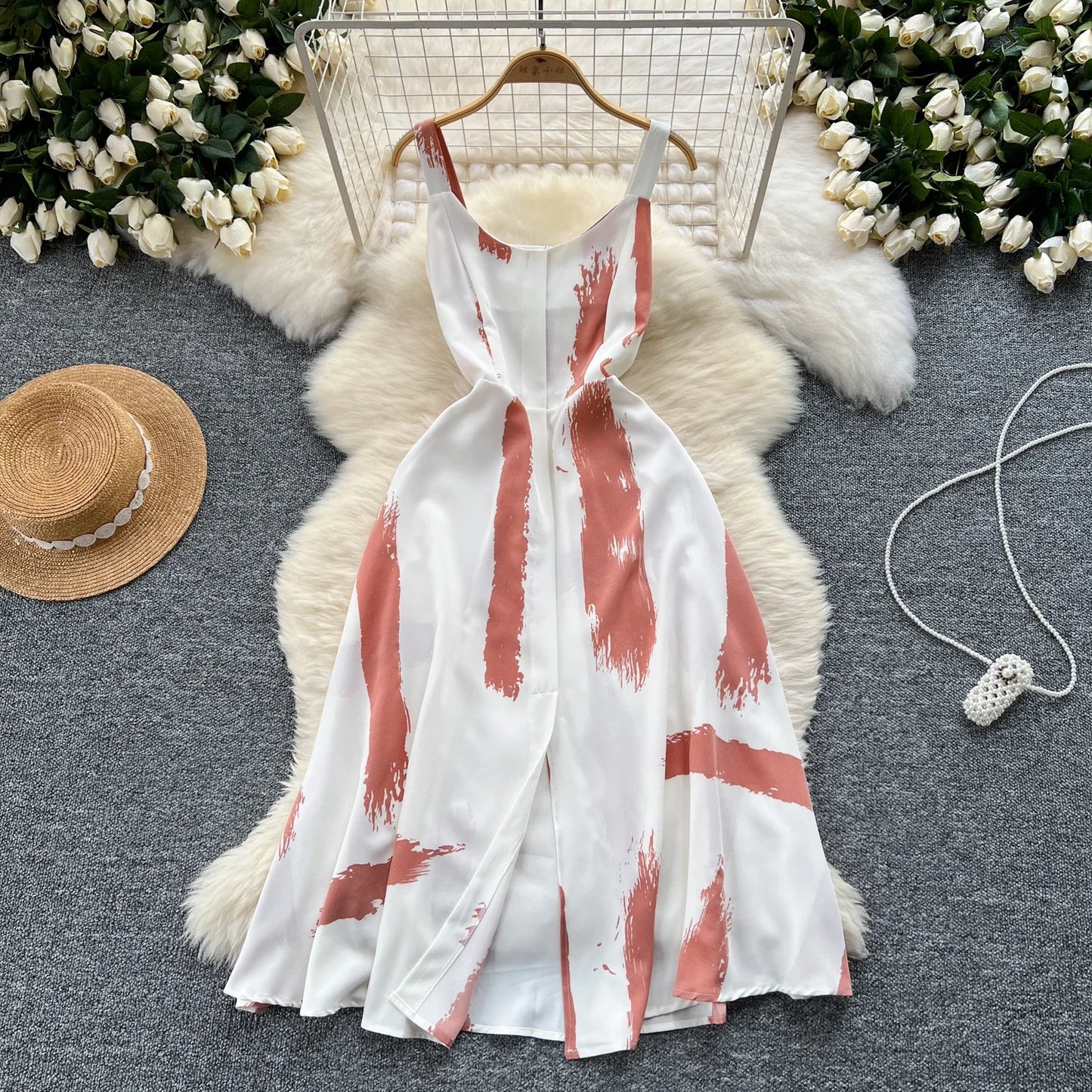 Neue Sommer Druck Süße Kleid Träger O Neck Backless Split Elegante Damen Urlaub Strand Party Midi Sommerkleid