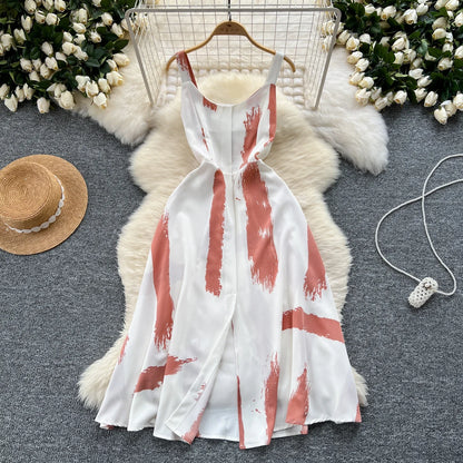 Neue Sommer Druck Süße Kleid Träger O Neck Backless Split Elegante Damen Urlaub Strand Party Midi Sommerkleid