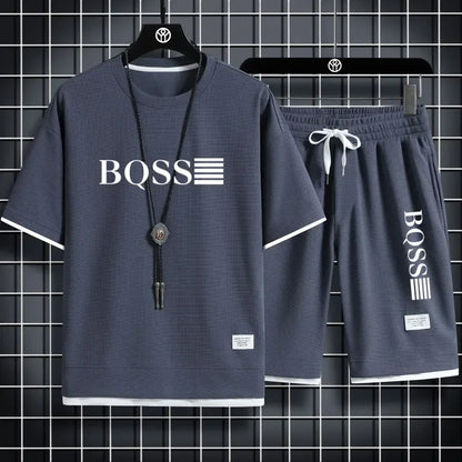 Summer fitness jogging loose sportwear set men's solid color short-sleeved casual T-shirt + shorts breathable two-piece set.