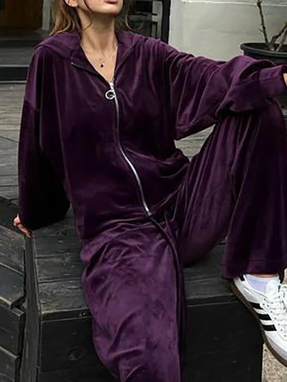 Women Autumn Hooded Coat Two Pieces Sets, Solid Patchwork Wide Leg Pants Chic Outfit, New Long Sleeve Casual Simple Ladies Suits