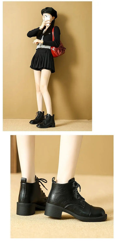 Women Short Boots 2025 Autumn Winter New Fashion Lace Up Vintage Middle Heel Shoes Outdoor Non Slip Height Increase Ankle Boots.