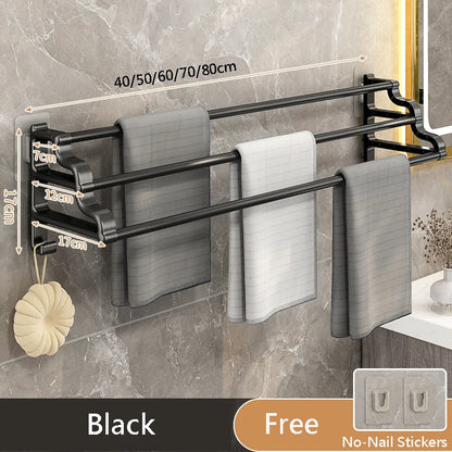 Handtuchhalter mit drei Stangen, selbstklebender, stanzfreier Handtuchhalter mit Haken, platzsparender Handtuch-Aufbewahrungsregal für Badezimmer