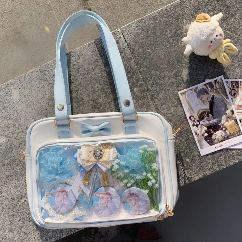 Y2K Cute Bow Ita Bag Girl Transparent Messenger Bag Women Fashion Shoulder Crossbody Bag Ladys DIY Badge Tote Bag Lolita Handbag.