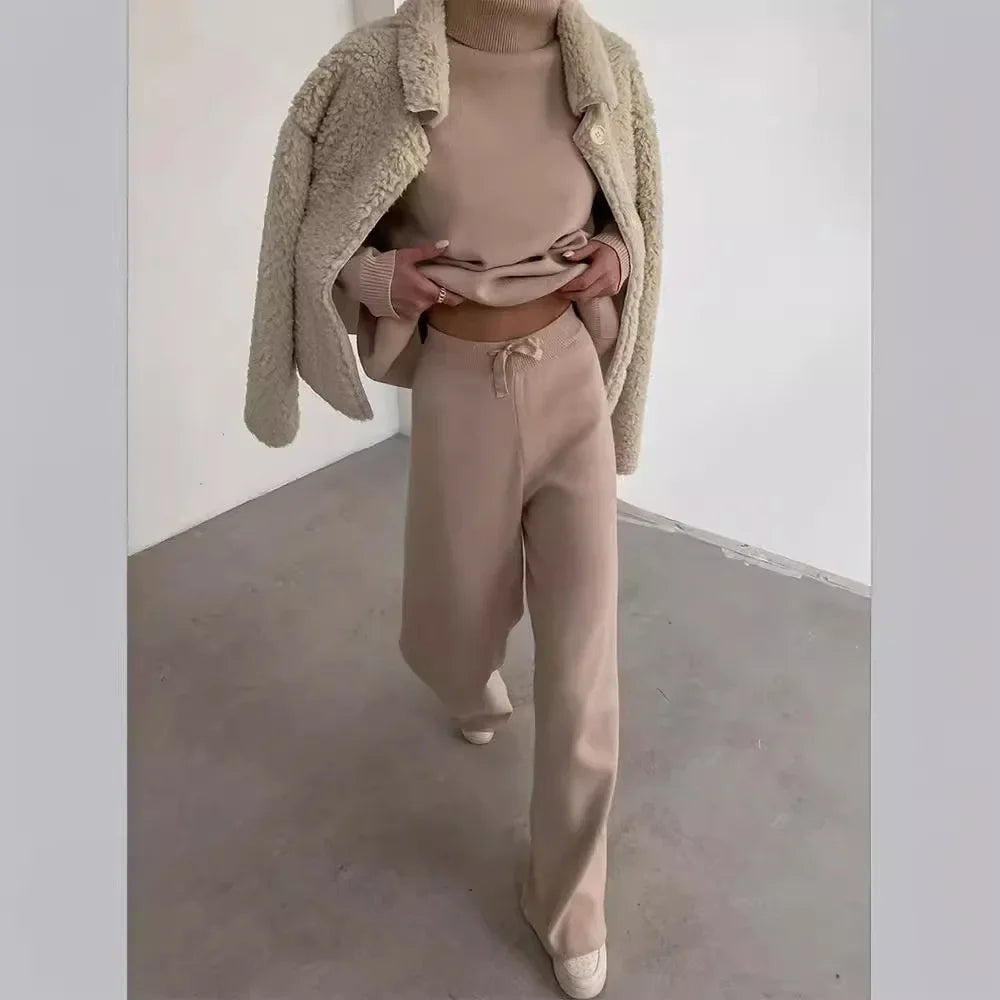 Autumn and Winter Women's New Knitted Fashion Casual Suit Two-piece High-neck Long-sleeved Top + Drawstring Wide-leg Pants Y2k.