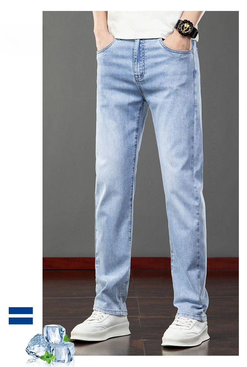 Spring Summer Thin Slim Fit Jeans Mens Elastic Straight Casual Business Denim Pants Washed Classic Brand Clothing Men Trousers.