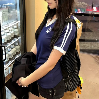 Deeptown Vintage Embroidery Women T-Shirts Striped Short Sleeve American Style Polo Neck Tees Slim Preppy Gyaru Summer Youthful.