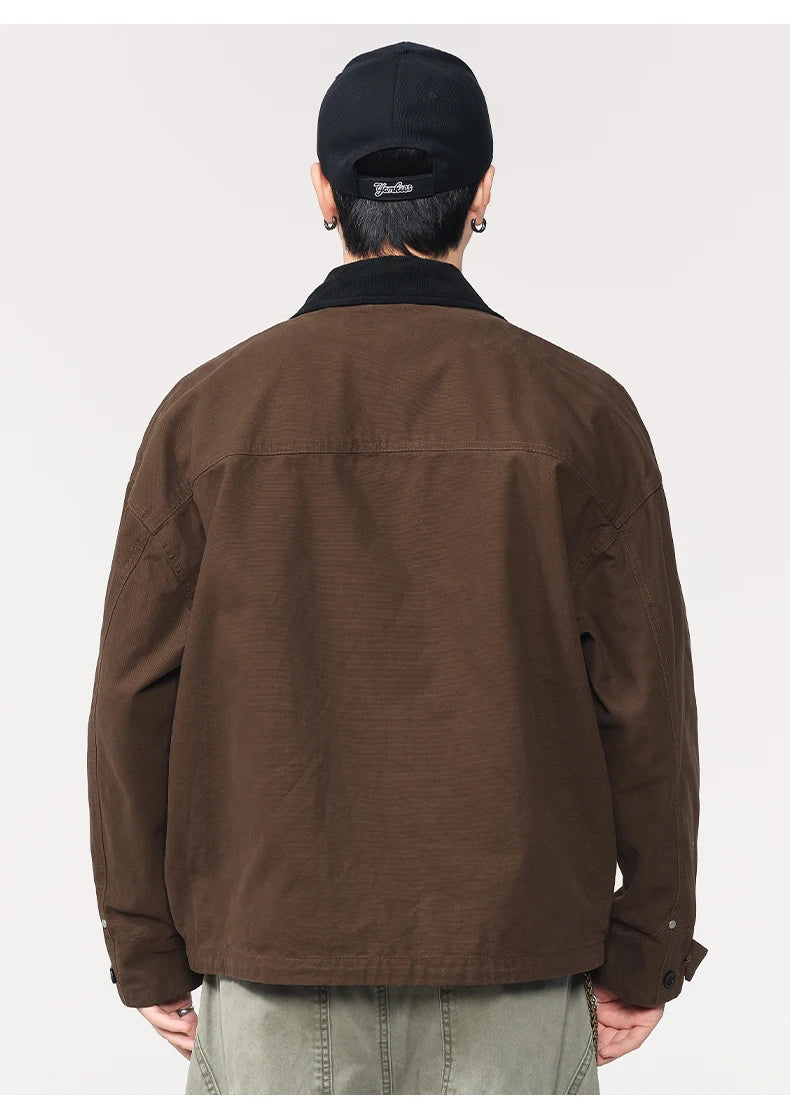 Men Washed Cotton Metal Buckle Streetwear Vintage Loose Casual Short Bomber Cargo Jacket Couple Spring Autumn Coat Outerwear.