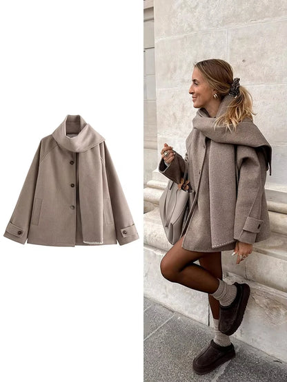 Women Fashion Brown Scarf Coat Jacket Loose Long Sleeve Single Breasted Pocket Jacket Fall/Winter Casual Wool Blend Jacket.