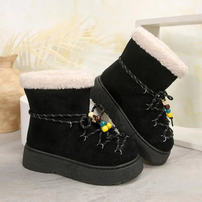 Chunky Platform Non Slip Furry Snow Boots Women 2025 Winter Soft Thick Bottom Warm Plush Ankle Boots Colorful Bead Lace Up Shoes