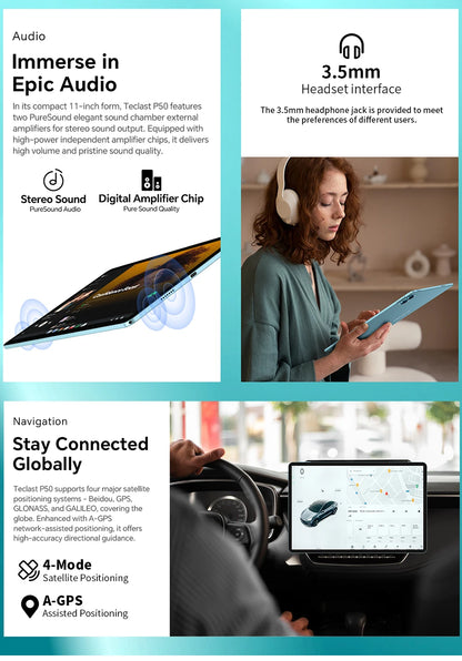 Teclast P50 Android 14 Tablet 11" IPS Max 14GB RAM 128GB ROM Unisoc T606 8-core 13MP Camera 8000mAh Type-C 4G LTE TÜV Rheinland.