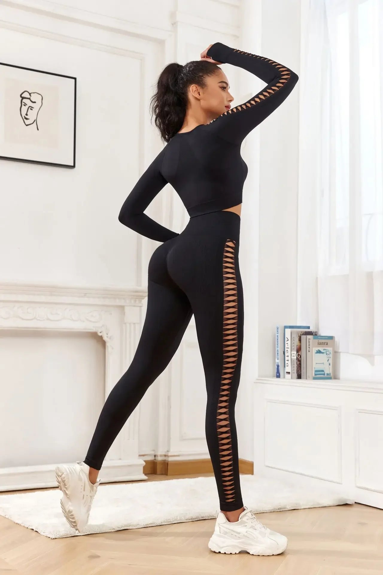 Hohe Taille, ausgehöhlte Yogahose, leichte, atmungsaktive Fitness-Sport-Leggings, Bauchkontrolle, Po-Lifting, Damenhose.