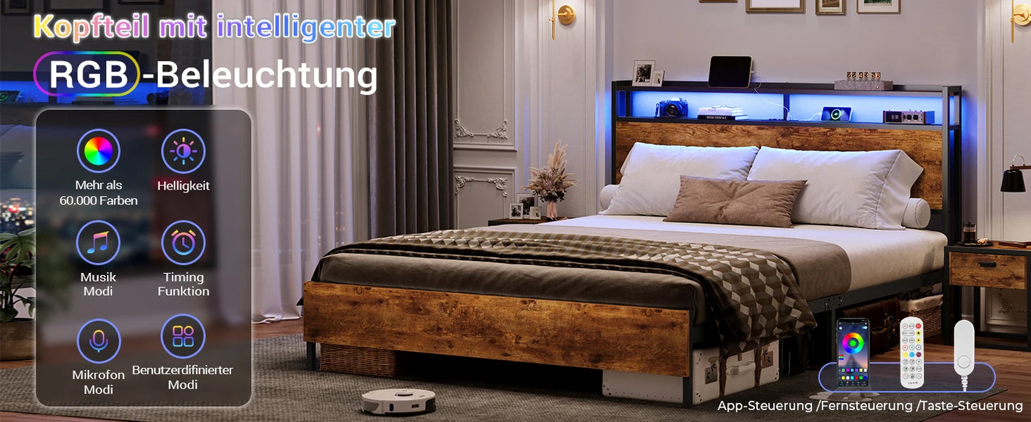 120 x 200 LED-beleuchteter Metallbettrahmen mit Steckdose und USB-Ladefunktion, Holzkopfteil, Stauraumbett B