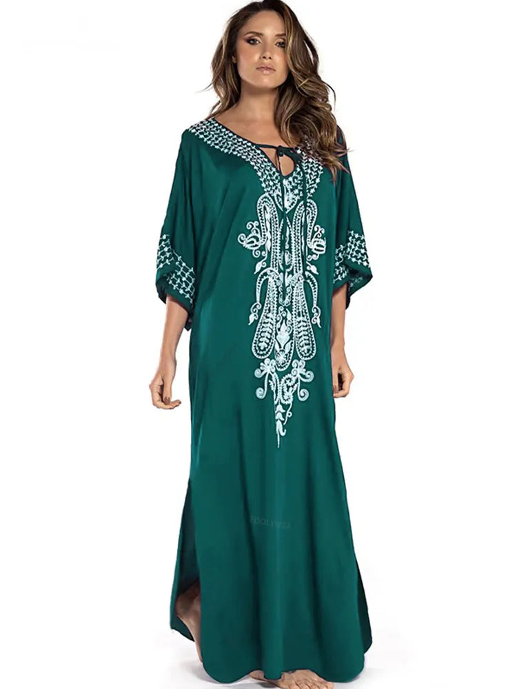 2025 Indie Folk Schnürung V-Ausschnitt Fledermausärmel Sommer Strandkleid Tunika Damen Beachwear Kaftan Maxikleid Robe Sarong Q775.