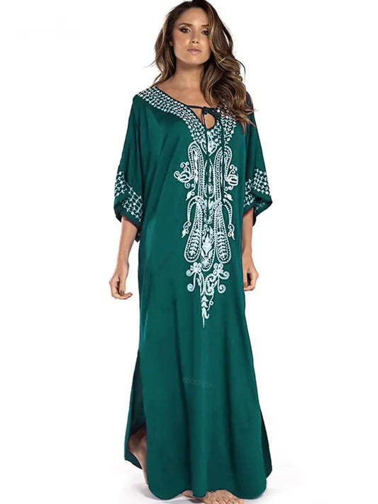 2025 Indie Folk Schnürung V-Ausschnitt Fledermausärmel Sommer Strandkleid Tunika Damen Beachwear Kaftan Maxikleid Robe Sarong Q775.