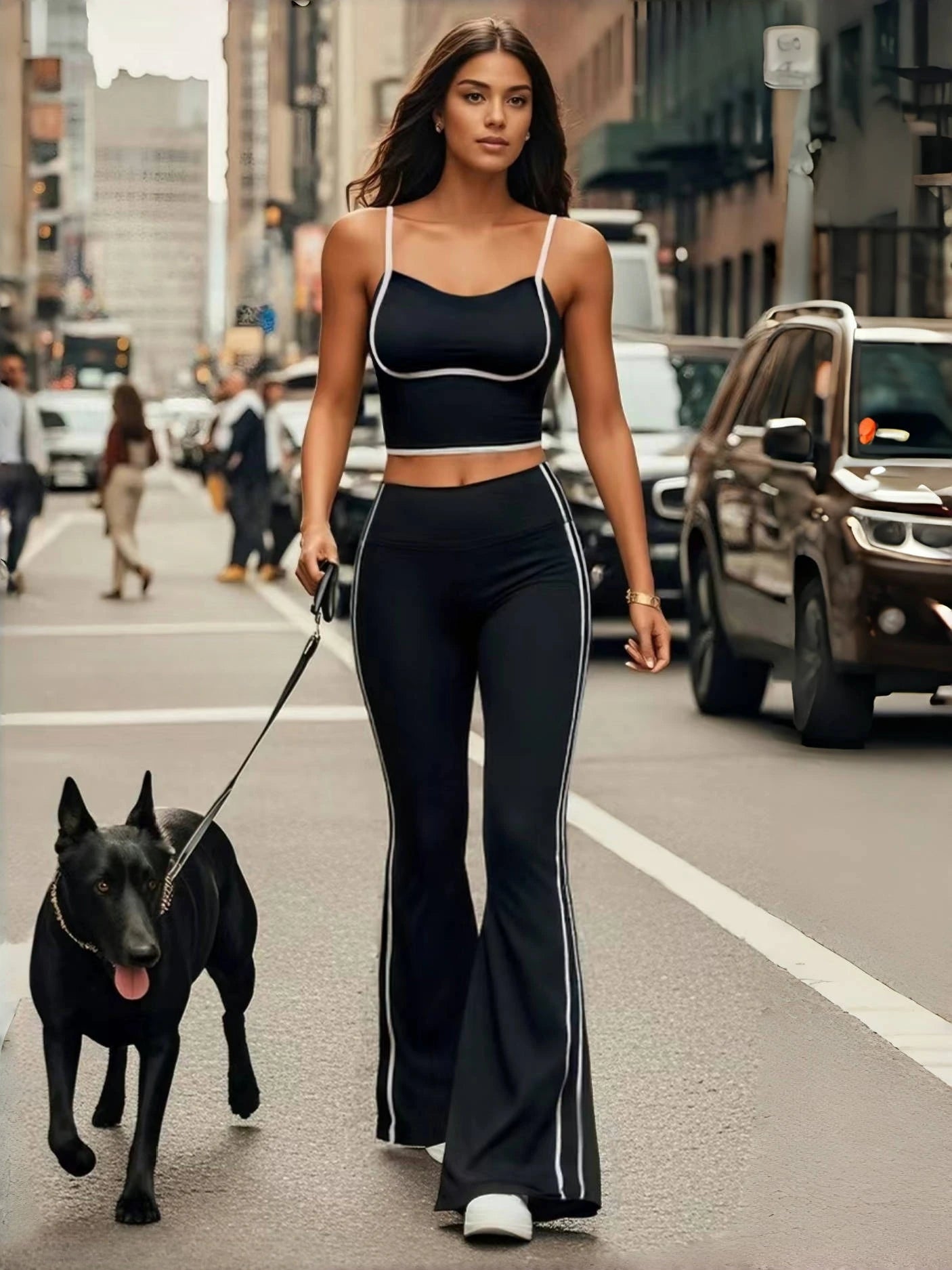 2025 New Striped Fashion Yoga Set Women Gym Clothes Sexy Sports Bra High Waist Yoga Flared Pants Running Hip Lift Fitness Pants.