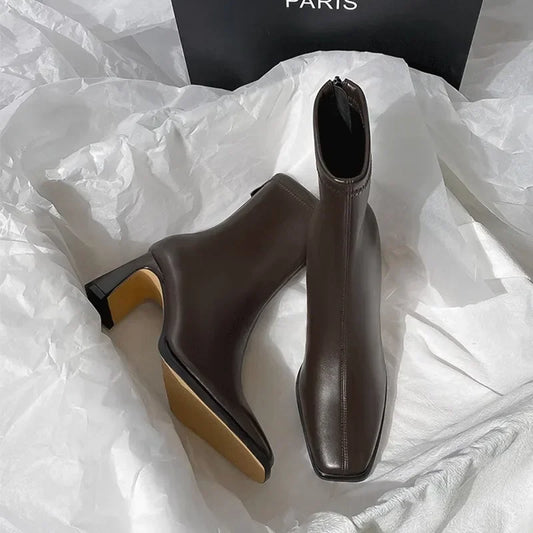 Vintage Warm Cotton Women Ankle Boots Fashion Elegant Square Toe Shoes Autumn Winter Thick Heel Women's Short Booties.