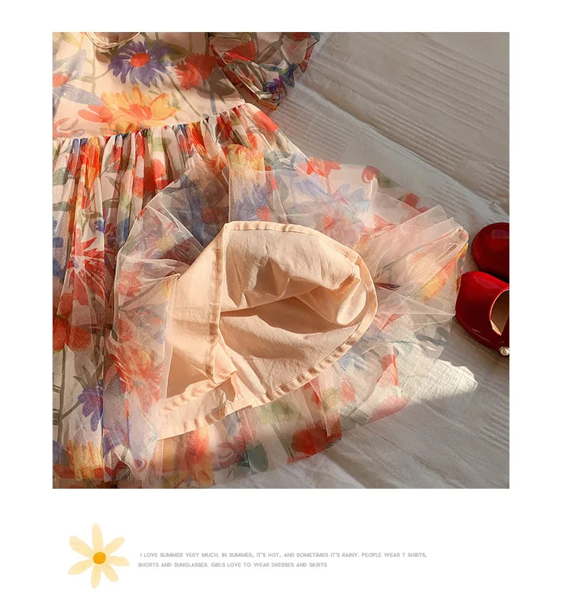 2023 sommer Kinder Kleidung Puff Sleeve Blumen Druck Kleid Für Mädchen Mesh Kinder Kleid für Mädchen