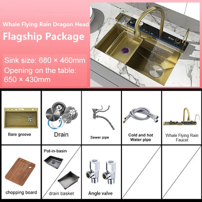 Edelstahl-Küchenspüle mit Wasserfall-Wasserhahn, integrierte Digitalanzeige, geprägtes Waschbecken für die Küche