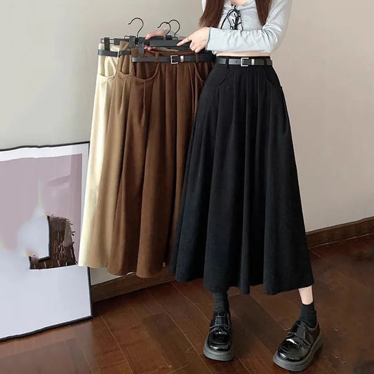 Xpqbb Autumn Winter Women Long Skirt Vintage Corduroy High Waist A-Line Skirts Female Fashion Streetwear with Pocket Midi Skirt.