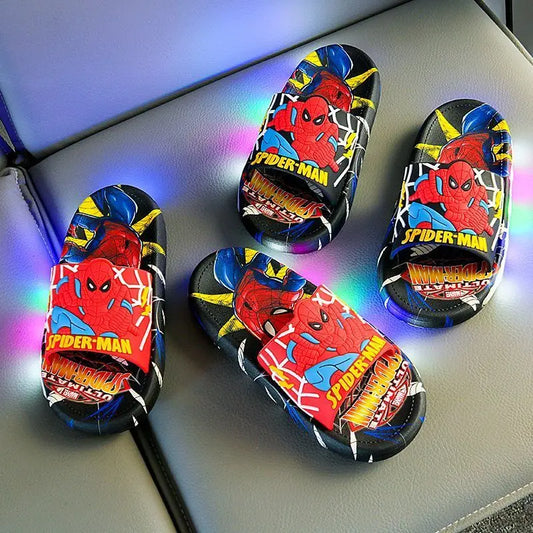 Disney Spider-Man Children's Slippers Non-slip Cartoon Light Soft Soled Slippers For Boys LED Light Luminous Children's Summer S.