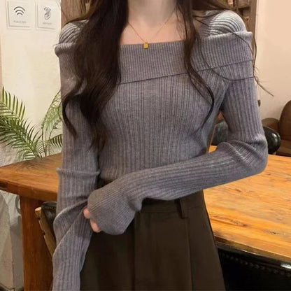 Solide Sexy Schlank Off Schulter Slash Neck Langarm Stricken Pullover Frauen Jumper Büro Mode Neue.