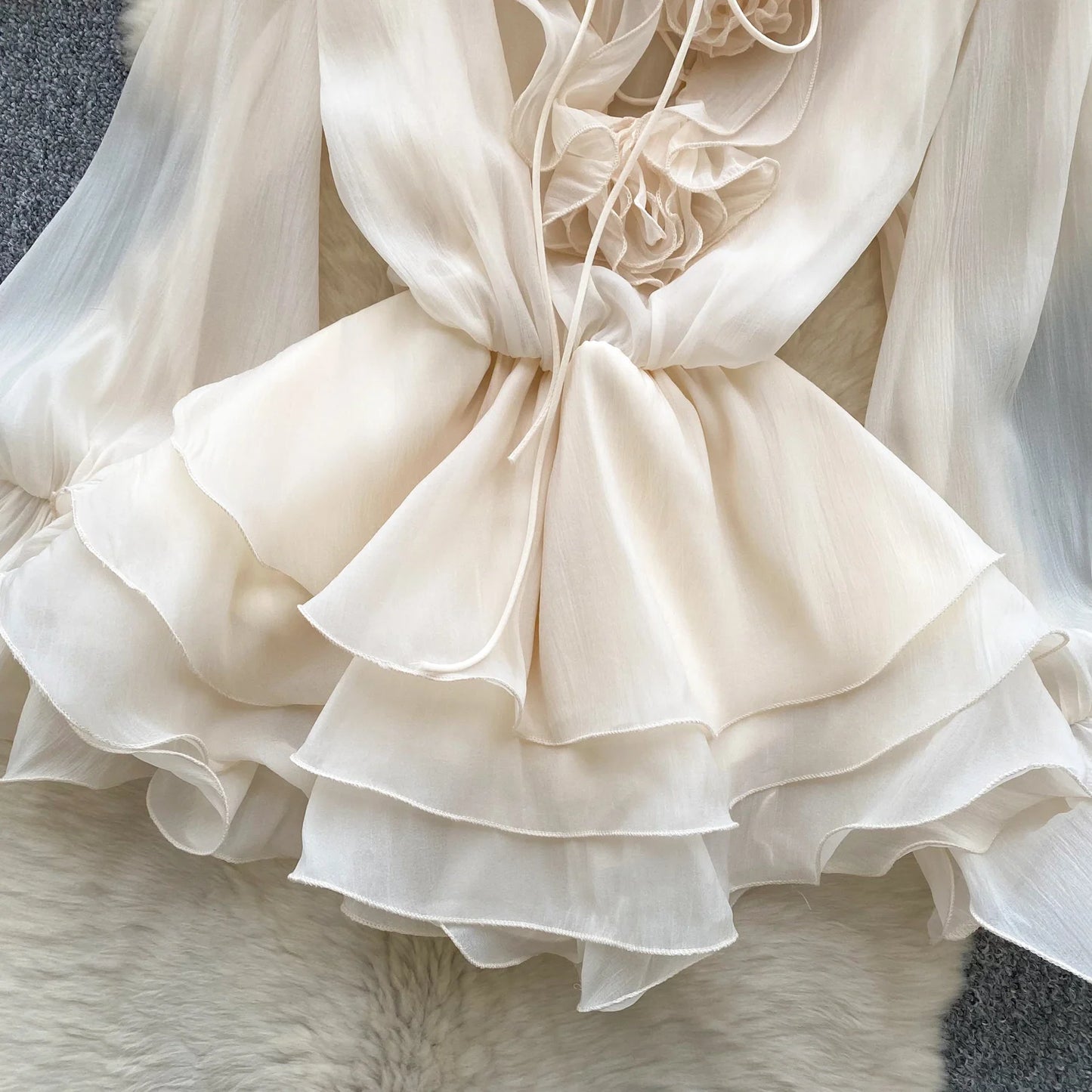 SINGREINY 3D Floral Strand Kurzes Kleid Weibliche Lange Ärmel Spitze Up Rüschen Chiffon Kuchen Sommerkleid Sheer Sexy Vintage Bohemian Kleid