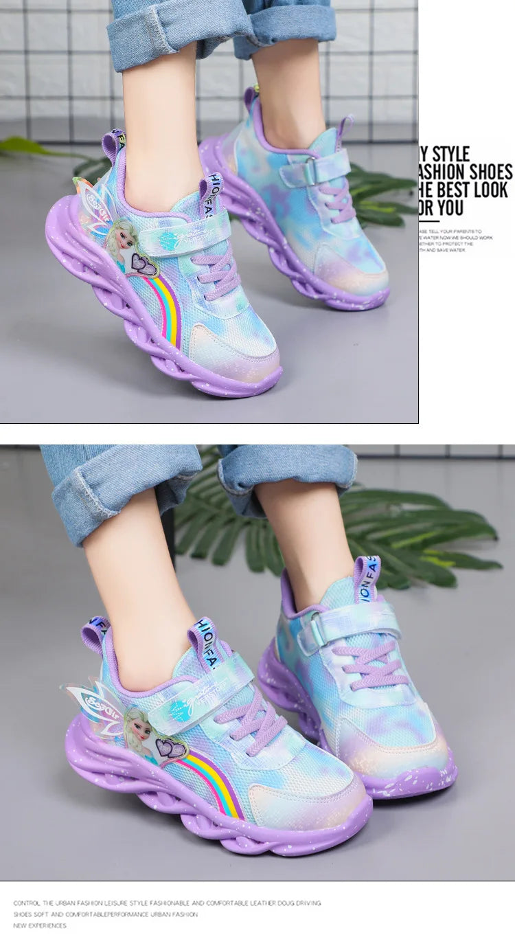 Disney Girls' Casual Shoes Led Lights Mesh Breathable Children's Sports  Princess Elsa Pink Purple Shoes Sneakers Size 22-37.