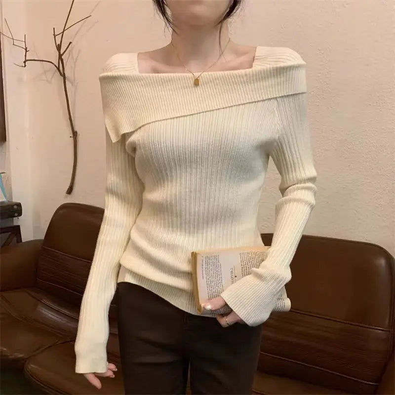 Solide Sexy Schlank Off Schulter Slash Neck Langarm Stricken Pullover Frauen Jumper Büro Mode Neue.