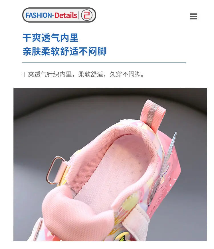 Disney LED Casual Sneakers For Spring Girls Frozen Elsa Princess Print Pu Leather Shoes Children Lighted Non-slip Pink Purple.