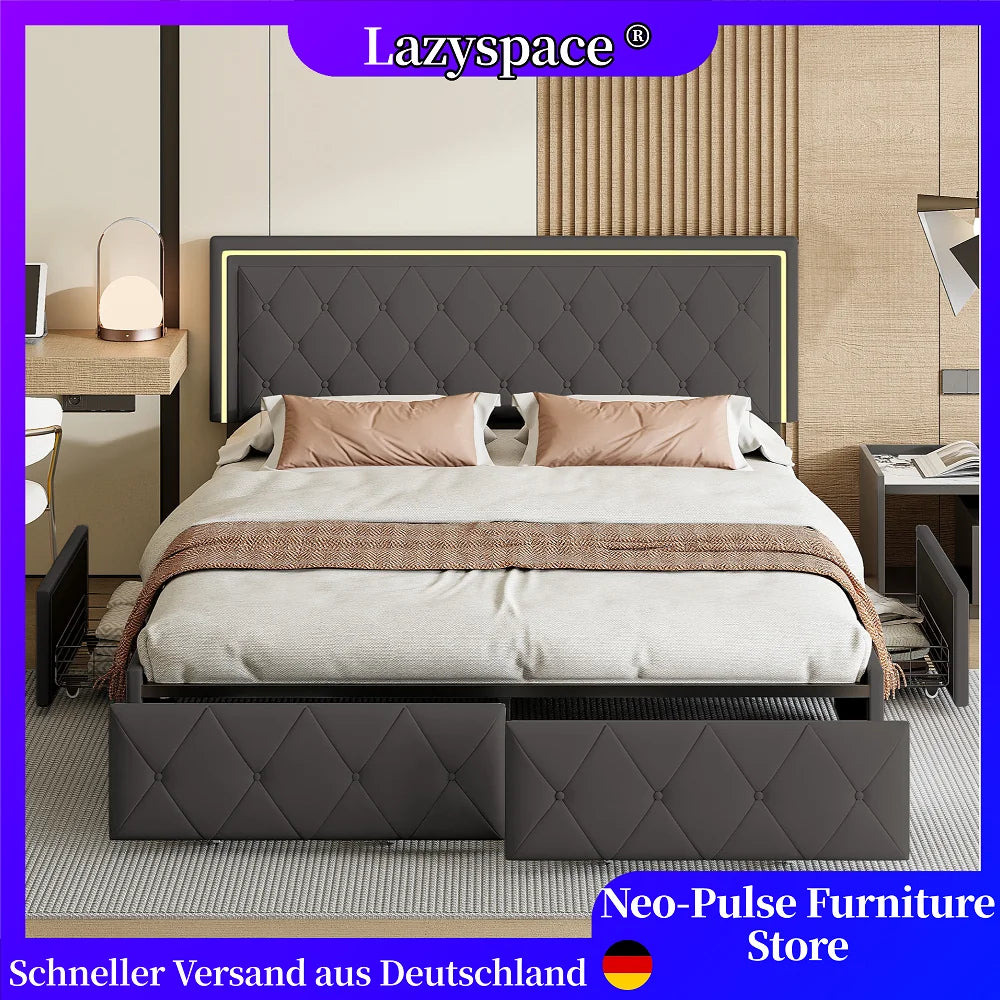 Lazyspace 4 Schubladen + RGB-LED-Kopfteil-Bettgestell, PU-Polsterbett, moderne Queen-Size-Einzel-Doppelbetten, Schlafzimmermöbel