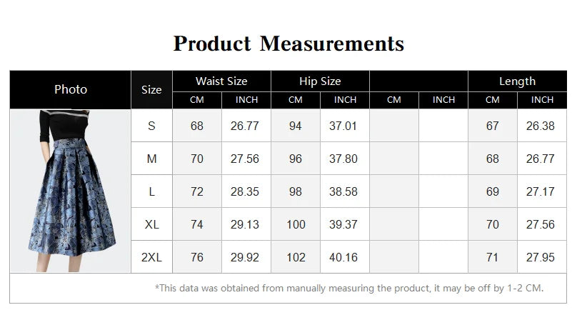 Blue Floral Print Vintage High Waist Ball Gown A-line Loose Women's Skirt Knee-Length Long Skirts For Women Clothing Fashion.