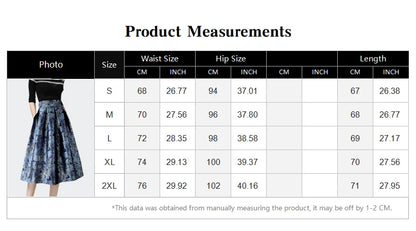 Blue Floral Print Vintage High Waist Ball Gown A-line Loose Women's Skirt Knee-Length Long Skirts For Women Clothing Fashion.