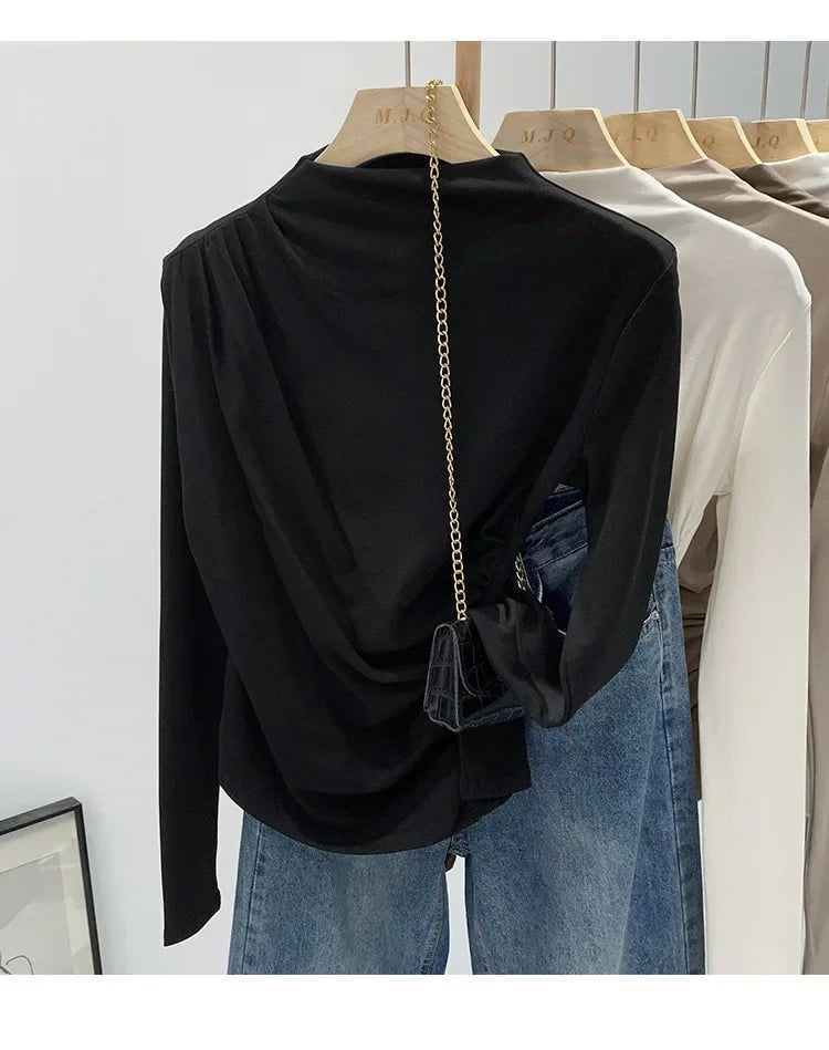 Early Autumn Pure Color High Neck Pleated Slim Fit Sexy Base Shirt Women's Fashionable Crew Neck T-shirt Full Sleeve China Origi