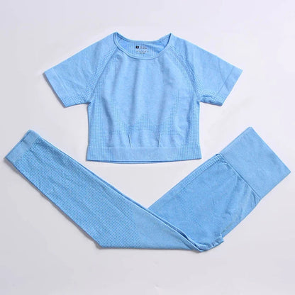 2/4PCS Summer Seamless Yoga Set Women Workout Clothes Sports Bra Short Sleeve Crop Top High Waist Legging Fitness Sports Suits