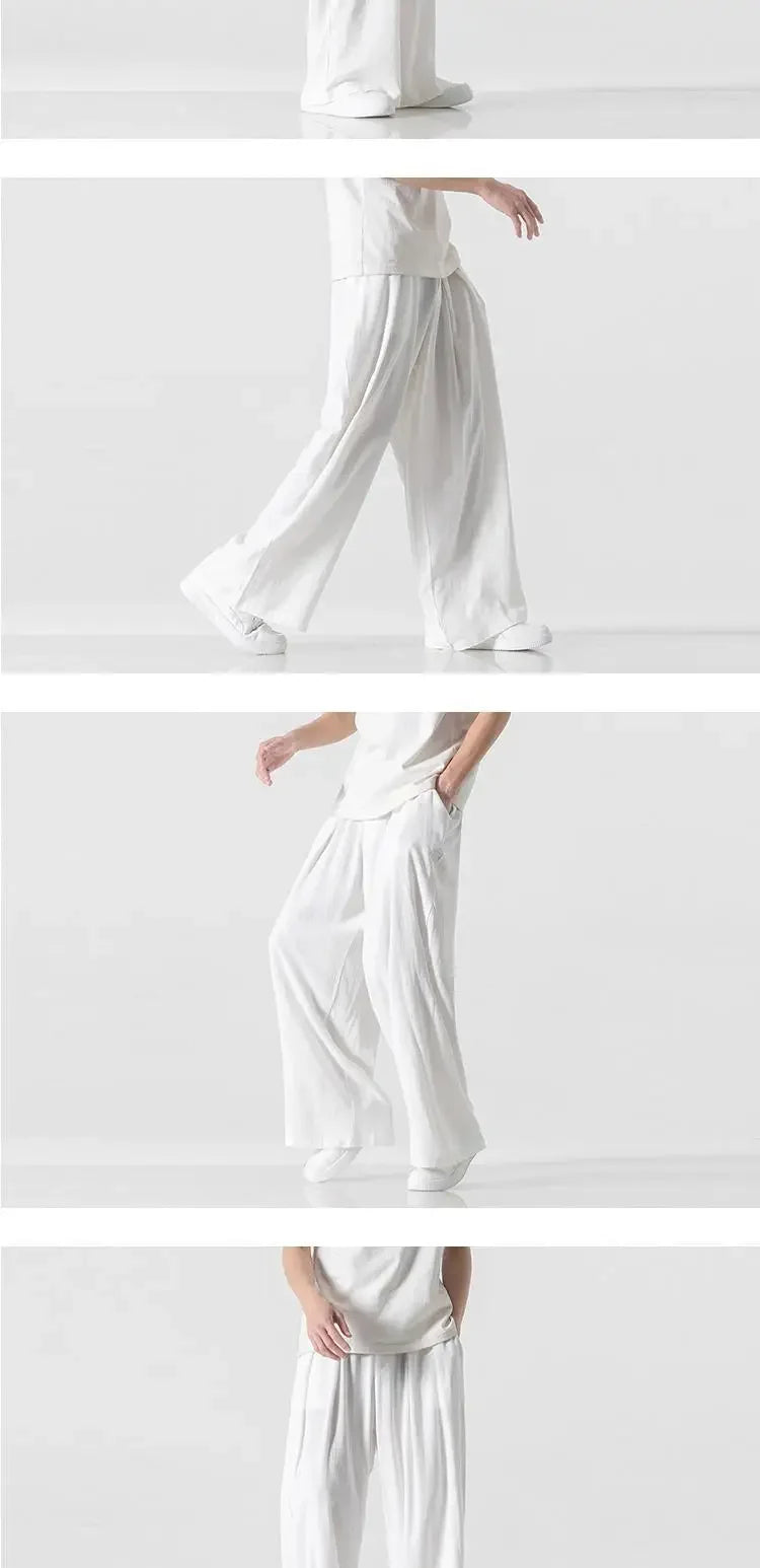 Hanfu Spirit Draped Linen Pants For Men Straight-leg Casual Trousers Chinese Style Loose-fit Ancient Wide-leg Song Trousers.